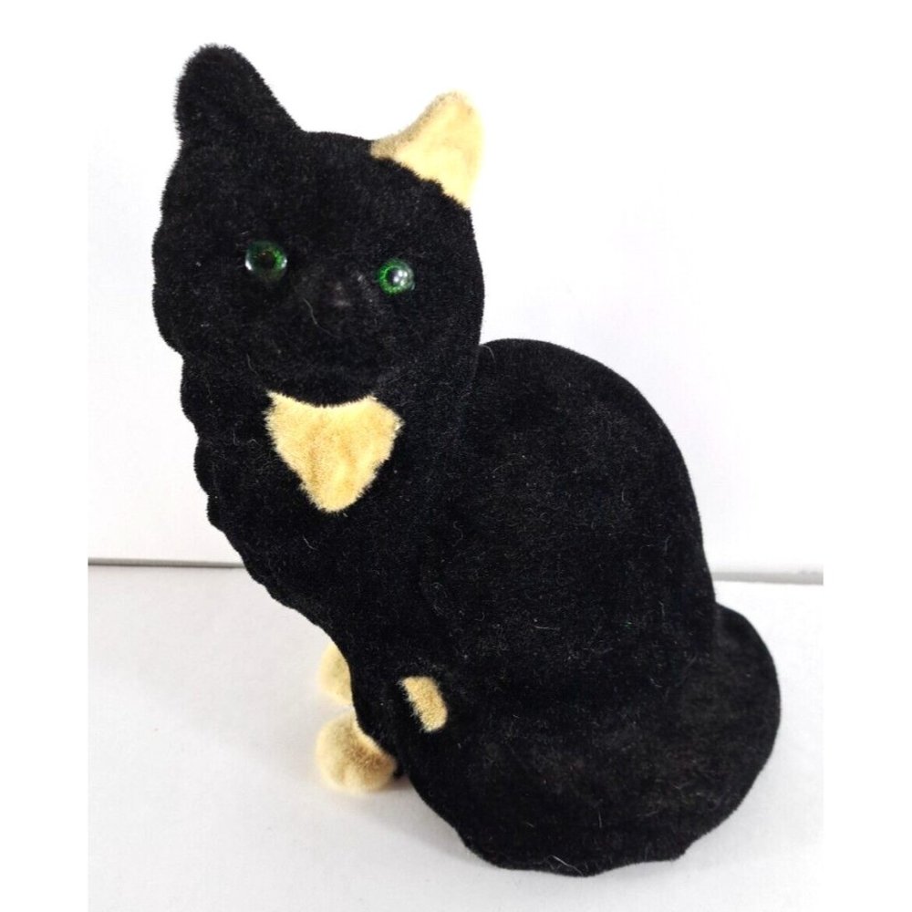 Vintage Flocked Ceramic Cat Figure Black Tan Realistic Green Eyes 8.5"